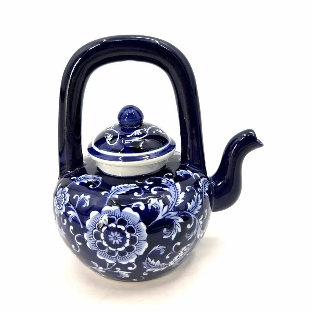 Mandarin Style Cobalt Blue White Floral Lidded Porcelain Teapot